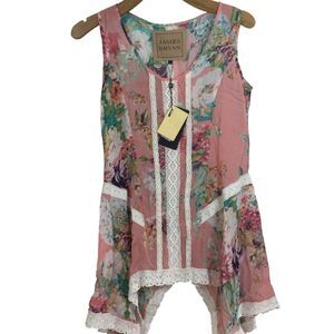 James Bryan Sleeveless Twill Floral Lace Trim Handkerchief Hem Blouse Top Pink S